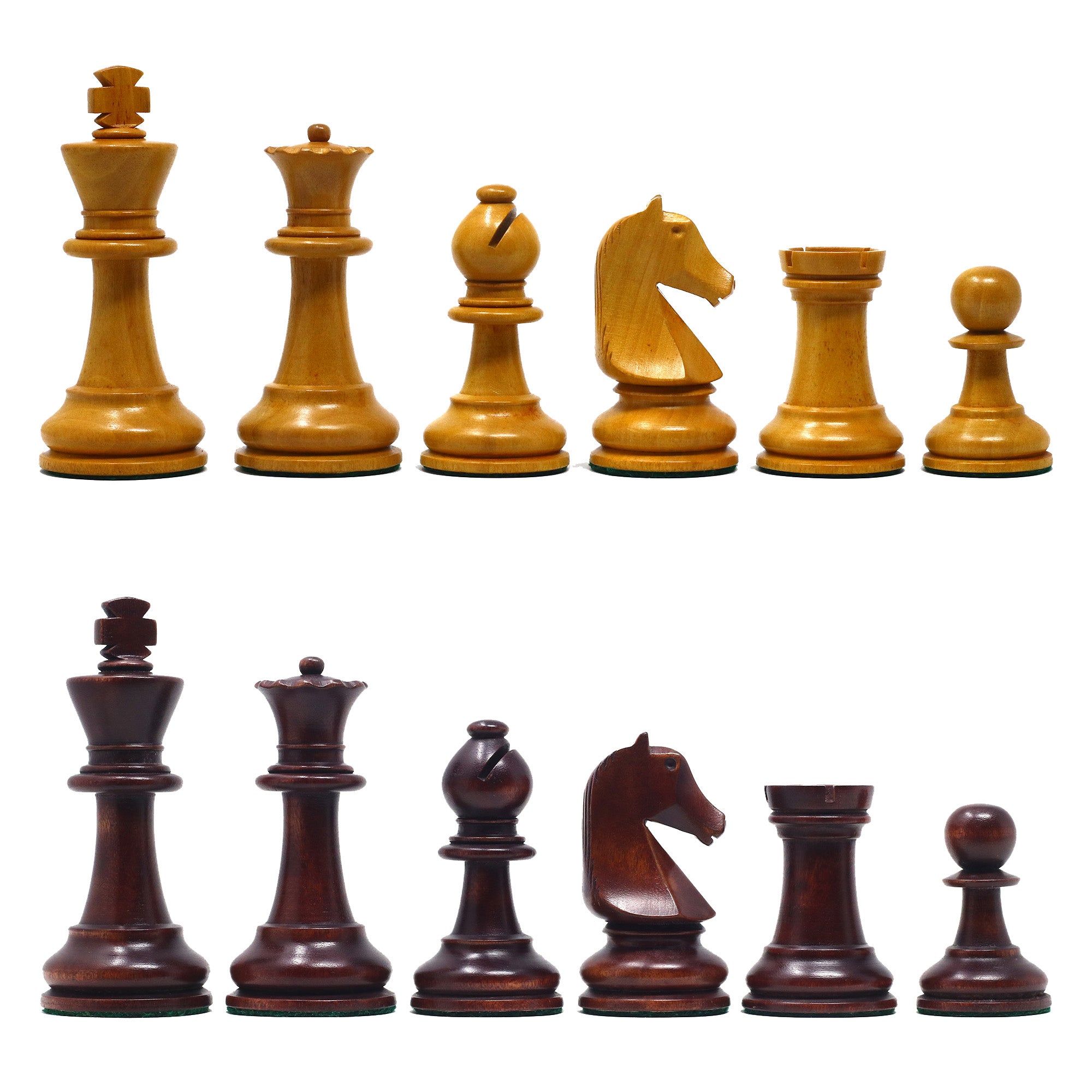 Henri Chavet Reproduced Chess Set in Aged Antiqued and Mahogany Gilded Boxwood- 3.75" King Height